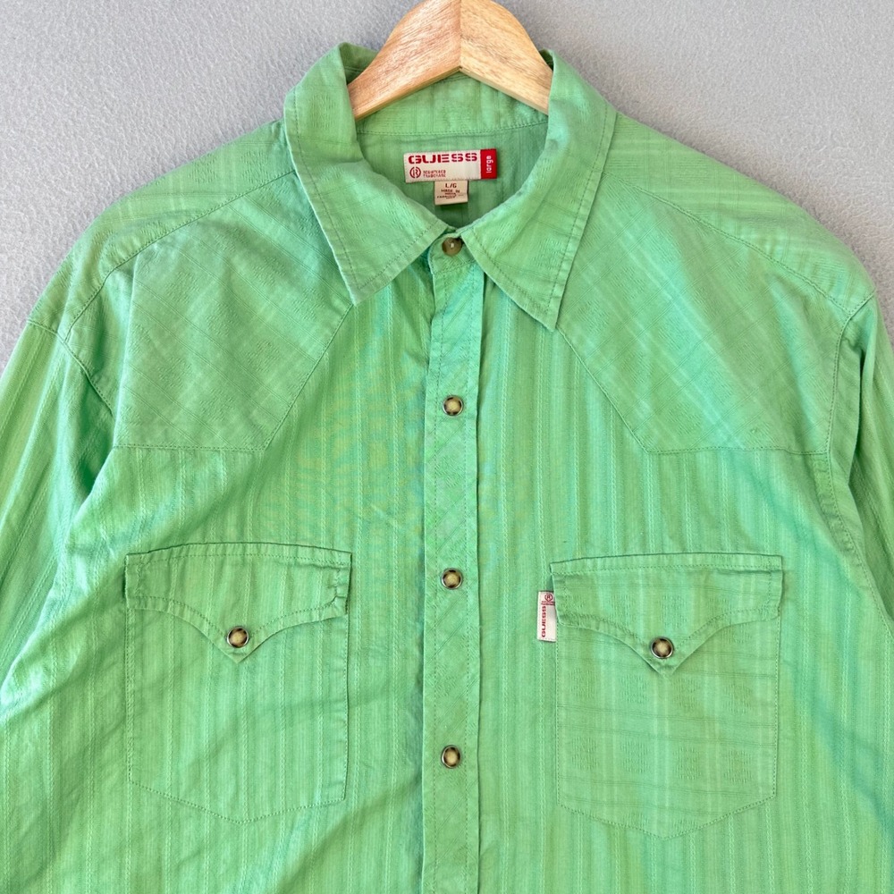 Vintage Guess Snap Shirt Mens Large Green Long Sleeve Western Rodeo Y2K 90s